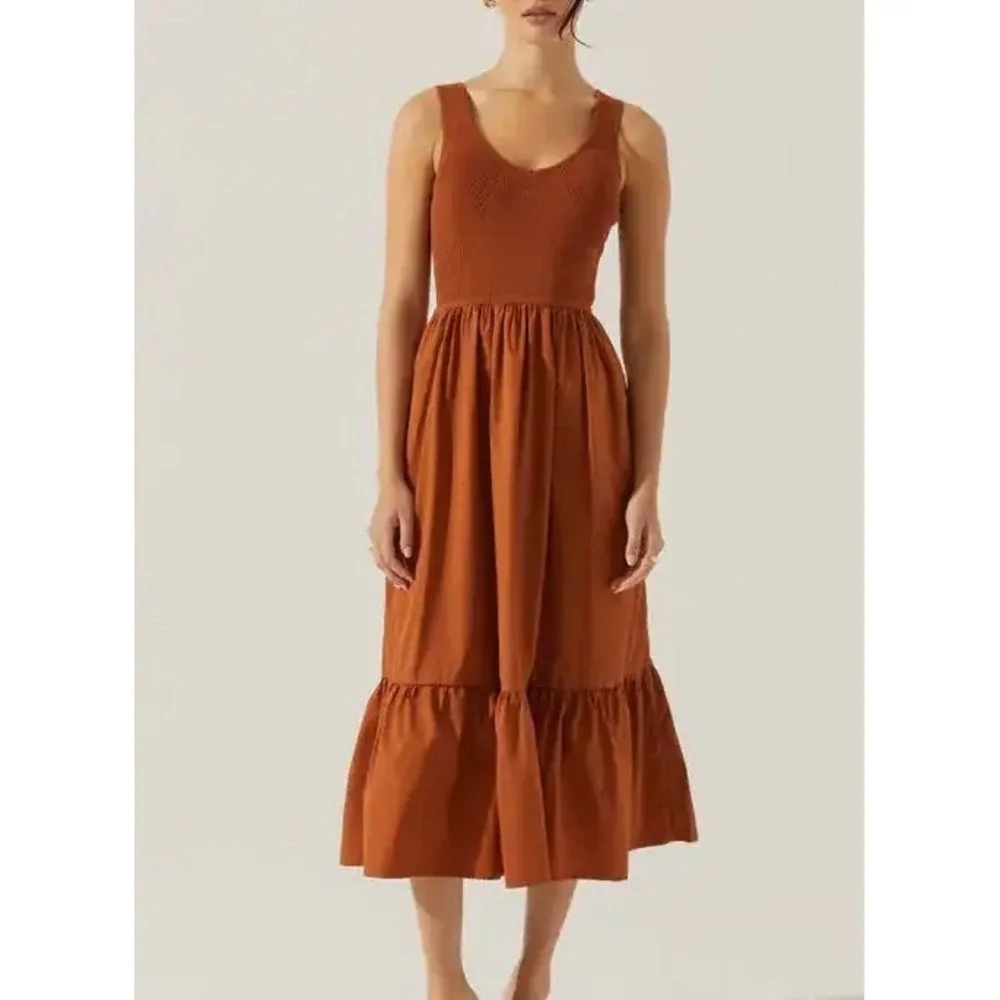 ASTR The Label Midi Dress Mixed Media Fit & Flare Sleeveless Poplin Brown Small - Picture 2 of 12